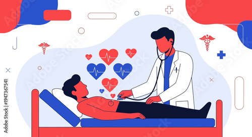 Doctor examining patient with stethoscope, heartbeats and medical symbols in background