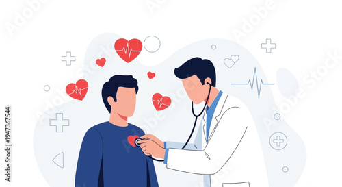 Doctor examining patient's heart with stethoscope, cardiology concept, health checkup