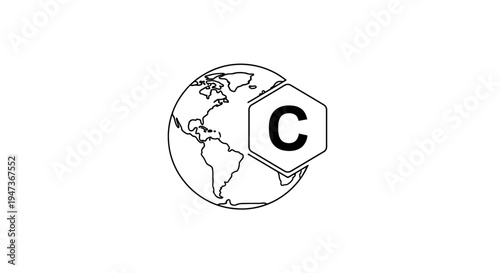 Global carbon emissions icon with earth globe and hexagon symbol.