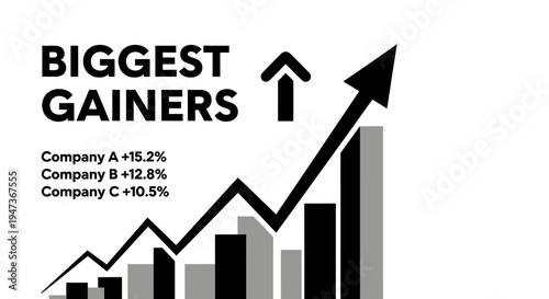 Biggest Gainers financial chart with upward arrow and company stock performance.