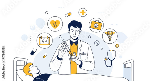 Doctor giving injection to patient in hospital bed, medical icons and equipment around
