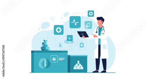 Doctor using tablet with medical icons and data visualization, healthcare technology concept