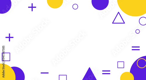 Geometric Shapes Background with Plus, Minus, Triangle, Circle, Square Symbols in Purple and Yellow