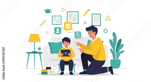 Father teaching son using tablet, modern family education, online learning, digital parenting concept