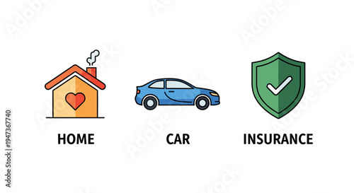 Home and car insurance concept, colorful icons of a house with heart, a blue sedan, and a green protection shield, vector illustration.