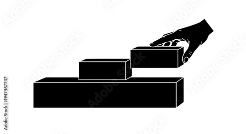 Hand placing the last brick on a stack, strategy, planning, and goal achievement concept, black silhouette vector illustration.