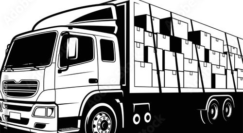 Cargo truck loaded with cardboard boxes, delivery and logistics transport concept, black and white vector illustration.