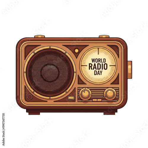 Vintage portable radio illustration celebrating World Radio Day with retro design.