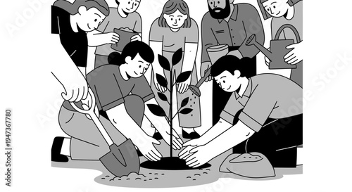 Group of people planting a tree together, community gardening and environmental protection concept, flat line art vector illustration.