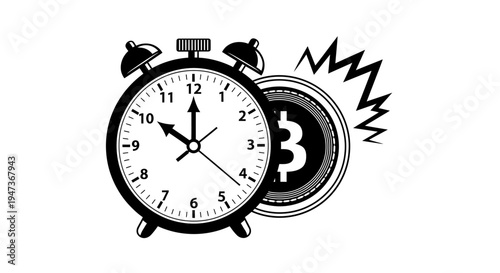 Bitcoin and alarm clock concept, representing cryptocurrency investment timing and market urgency.
