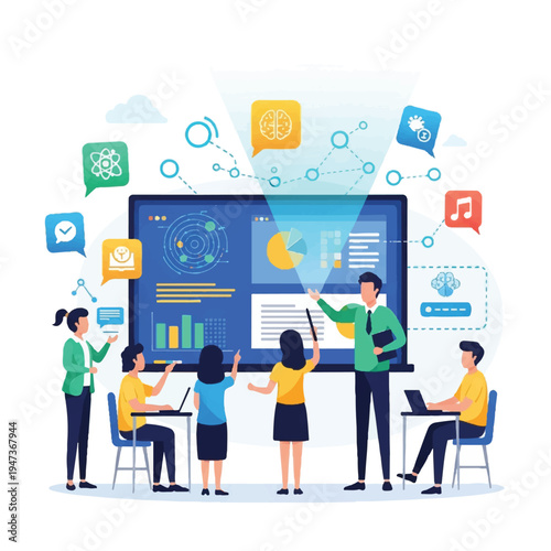 Group of diverse professionals learning and presenting with a large digital screen and interactive icons.