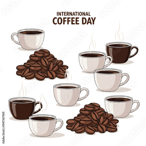 International Coffee Day illustration featuring a variety of coffee cups and roasted beans.
