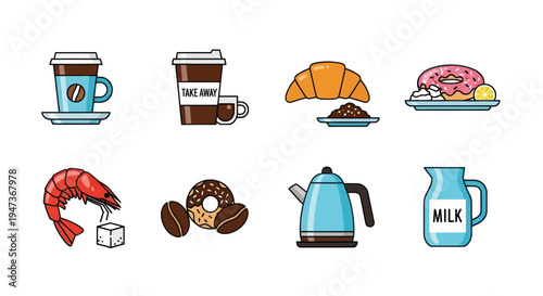 Assorted food and drink icons on white