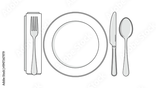 Formal table setting illustration with empty plate, fork, knife, spoon, and napkin.