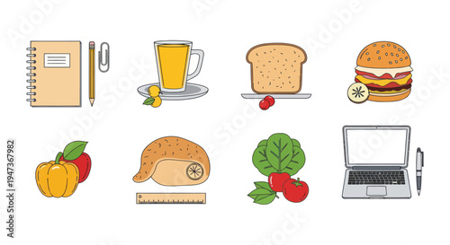 Assorted food and office supplies illustrations
