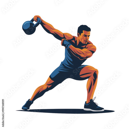 Muscular man performing a dynamic lateral lunge with a heavy kettlebell during a workout Vector, illustration