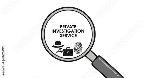 Private investigation service concept with magnifying glass and detective icons.