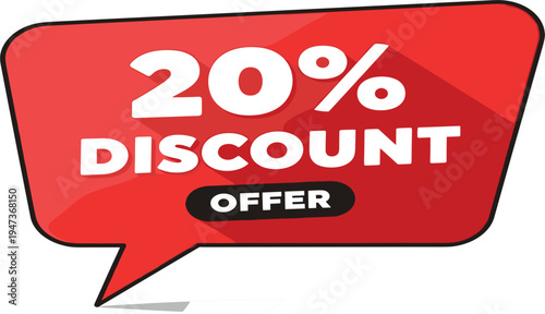20 Percent Discount Offer Banner with Red Speech Bubble and Bold Modern Typography for Sale Promotion, Retail Marketing, Ecommerce Deals, and Advertising Design