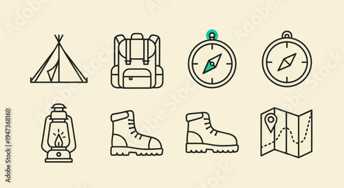 Camping equipment icons on light background