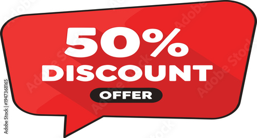 50 Percent Discount Offer Banner with Red Speech Bubble and Bold Modern Typography for Sale Promotion, Retail Marketing, Ecommerce Deals, and Advertising Design