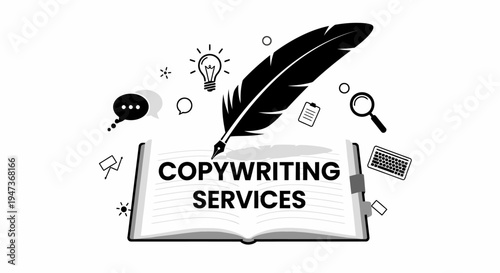 Copywriting services concept illustration with open book and quill pen.