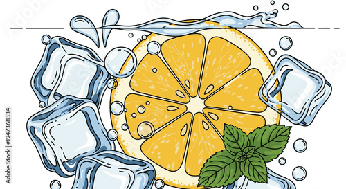 Fresh Lemon Slice with Ice Cubes and Mint in Sparkling Water Illustration.