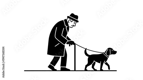 Elderly Man Walking with Dog and Cane Silhouette Illustration.