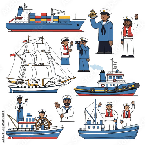 Colorful maritime fleet featuring ships, sailors, and captains showcasing sea travel and coastal industry.