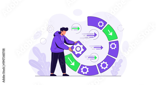 Man placing gear in circular workflow diagram, concept of process, strategy, and teamwork