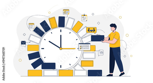 Man Organizing Tasks Around a Large Clock Face, Time Management Concept