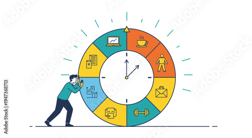 Man pushing a colorful time wheel with icons representing work, coffee, fitness, and life balance