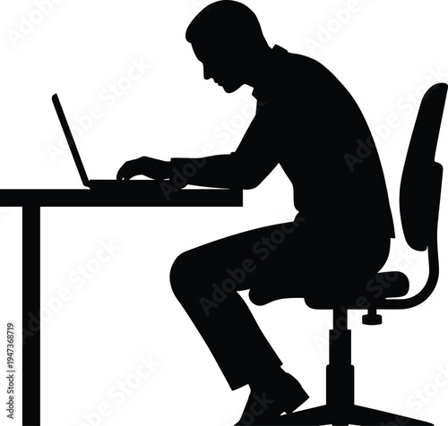 Black silhouette of man working on laptop at desk, office worker typing computer, business workspace isolated professional productivity concept
