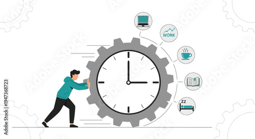 Man Pushing Gear Clock, Balancing Work, Study, Coffee, and Sleep