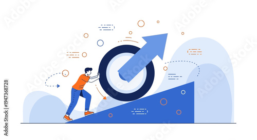Man pushing a large arrow up a blue ramp, symbolizing growth and success