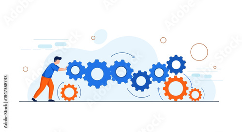 Man pushing gears, teamwork, business process, workflow, collaboration, mechanical engineering concept