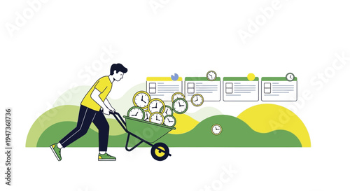 Man pushing wheelbarrow full of clocks, concept of time management and deadlines