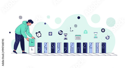 Man setting up dominoes with clocks and time icons, representing time management and strategy