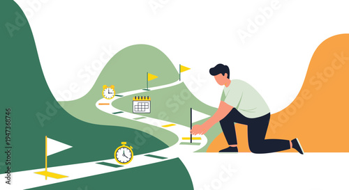 Man setting up flag on winding path, symbolizing goal setting, strategy, and achievement