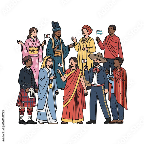 Group of diverse people in traditional clothing posing together in a vibrant, multicultural setting.