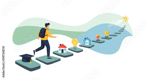 Student's journey to success: graduation, home, idea, and achievement on a staircase path