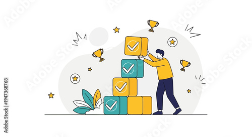 Man stacking blocks with checkmarks, symbolizing success, goal achievement, and progress