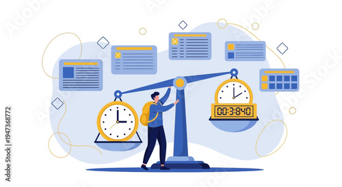 Time Management Balance: Person weighing tasks against clock on a scale