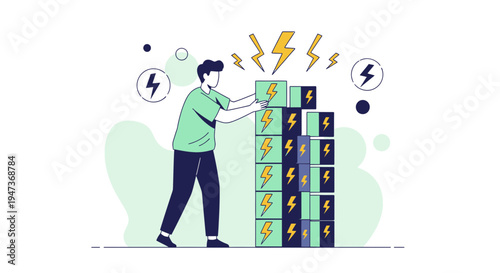 Man stacking energy boxes, symbolizing power generation, electricity, and renewable energy sources.