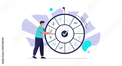Man Spinning Prize Wheel with Checkmarks, Decision Making and Chance Concept