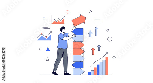 Man stacking arrows upwards, symbolizing business growth, strategy, and success