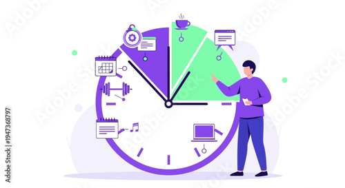 Time Management Concept: Person Organizing Daily Schedule with Clock and Icons