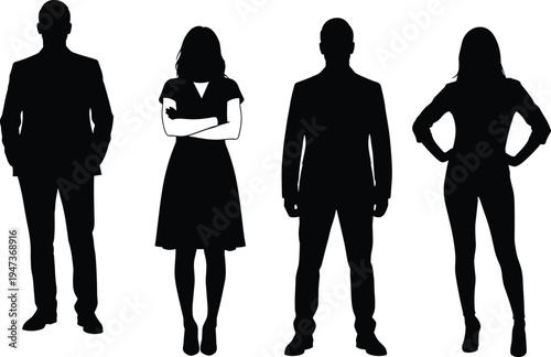Business people silhouette collection, confident corporate men and women standing isolated on white background professional vector illustration set
