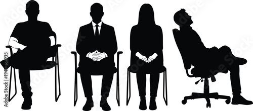 Business people silhouette set, men and woman sitting on chairs isolated on white background vector illustration