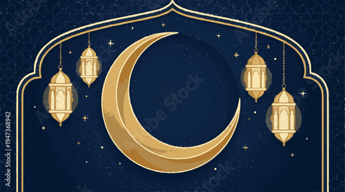 Golden crescent moon and hanging lanterns against a dark blue patterned background with stars for eid al fitr