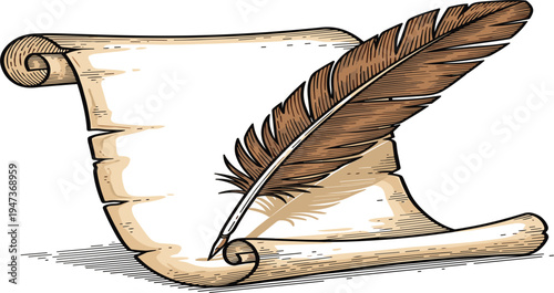 Vintage Hand Drawn Parchment Scroll and Feather Quill Pen Illustration for Historical Writing Documents Literature Poetry and Antique Graphic Design Projects